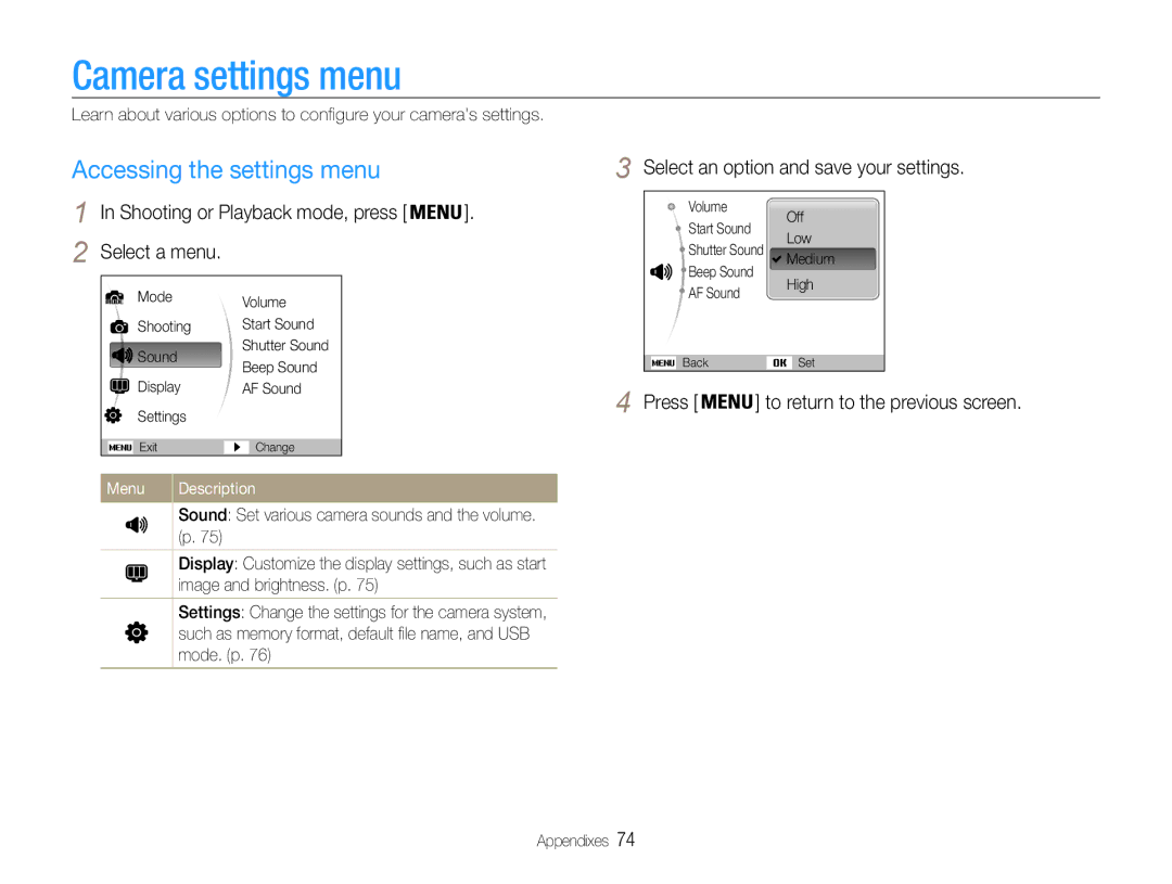 Samsung EC-ES30ZZBABSA manual Camera settings menu, Accessing the settings menu, Select an option and save your settings 