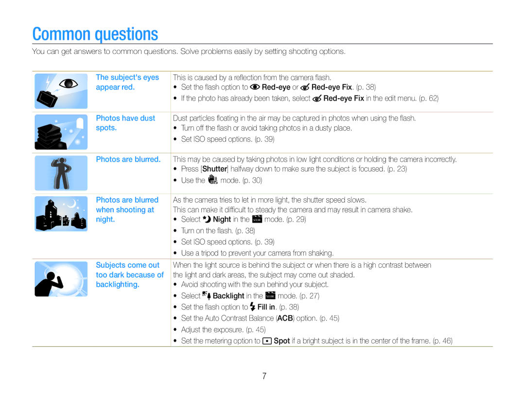 Samsung EC-ES30ZZDAPIR, EC-ES30ZZBABE1, EC-ES30ZZBASZA, EC-ES30ZZBAPE1, EC-ES30ZZBABZA, EC-ES30ZZBASGB manual Common questions 