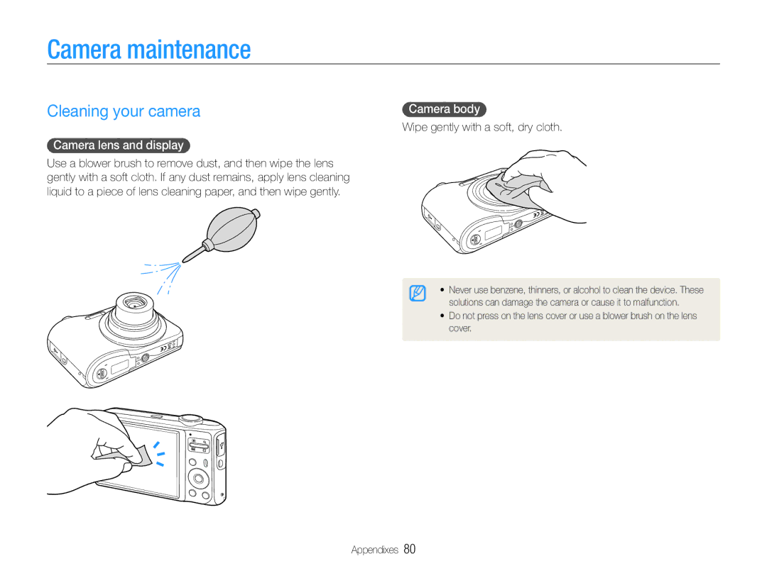 Samsung EC-ES30ZZBASE2, EC-ES30ZZBABE1 manual Camera maintenance, Cleaning your camera, Camera lens and display, Camera body 