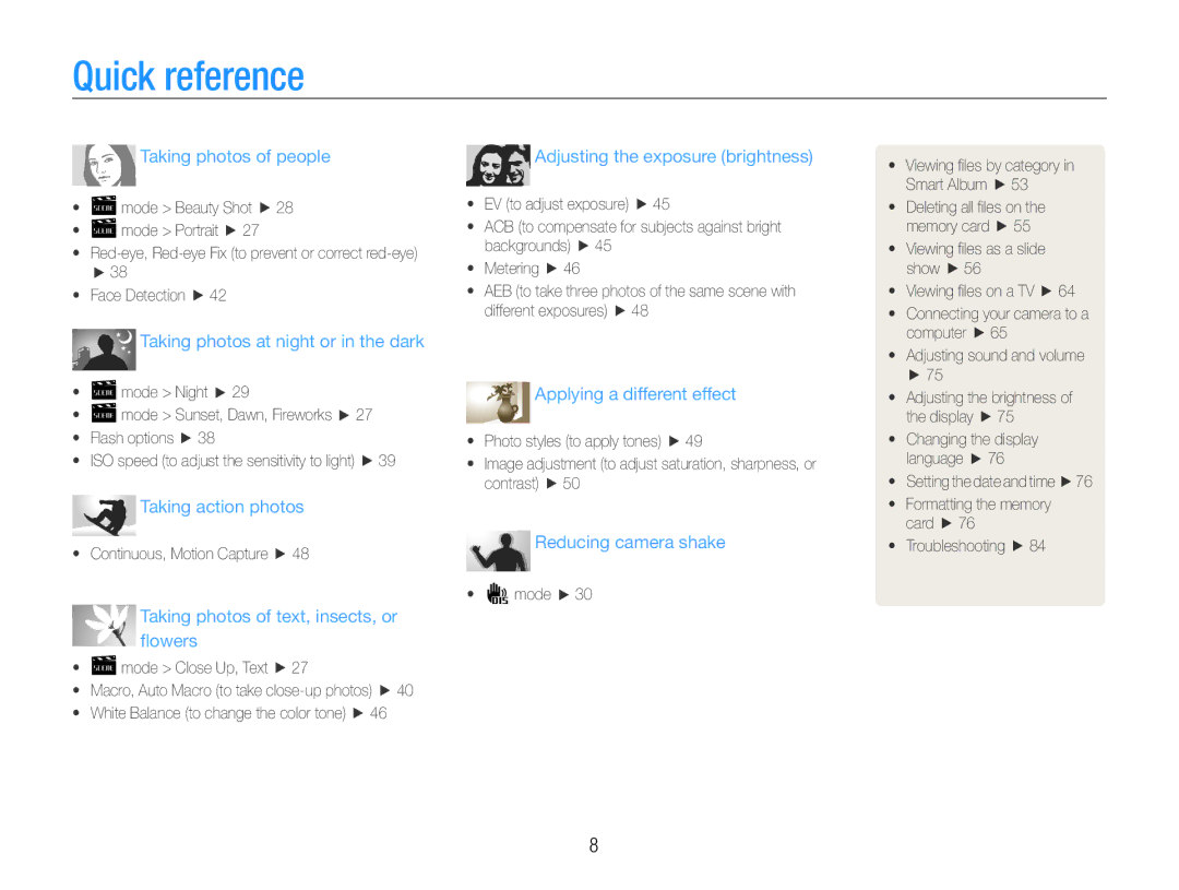 Samsung EC-ES30ZZBAPIL, EC-ES30ZZBABE1, EC-ES30ZZBASZA, EC-ES30ZZBAPE1 manual Quick reference, Taking photos of people 