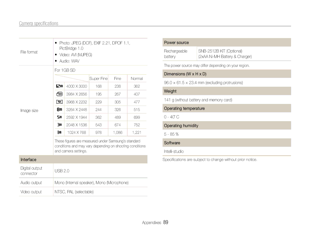 Samsung EC-ES30ZZBABZA, EC-ES30ZZBABE1 manual File format PictBridge, Audio WAV For 1GB SD, Image size, Video output 