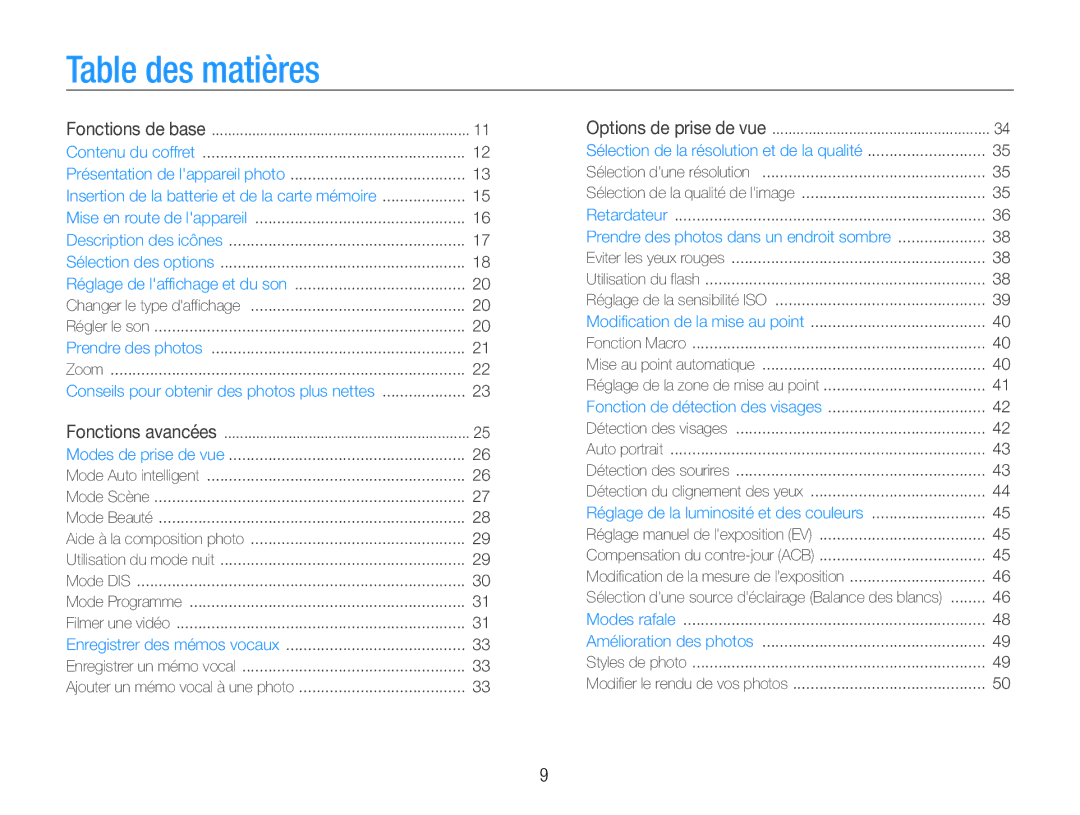 Samsung EC-ES30ZZBAPE1, EC-ES30ZZBABE1, EC-ES30ZZBASZA, EC-ES30ZZBABZA manual Table des matières 