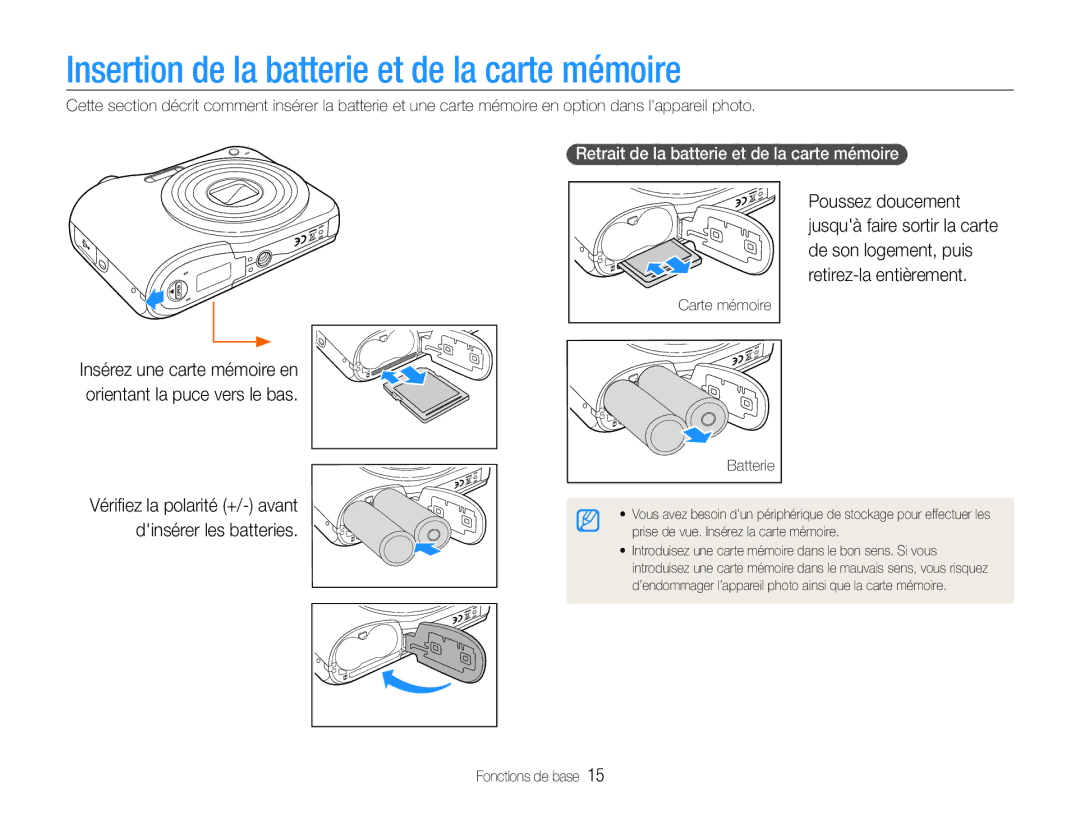 Samsung EC-ES30ZZBABE1 Insertion de la batterie et de la carte mémoire, Retrait de la batterie et de la carte mémoire 