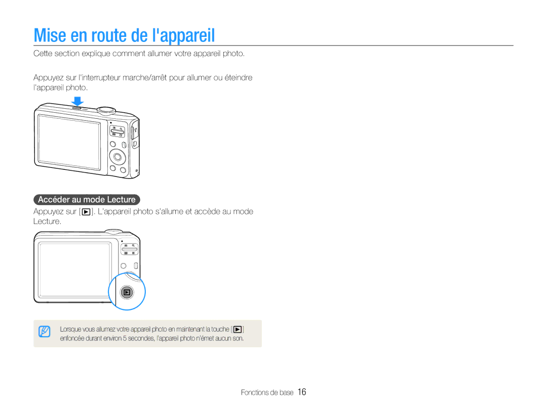 Samsung EC-ES30ZZBASZA, EC-ES30ZZBABE1, EC-ES30ZZBAPE1, EC-ES30ZZBABZA Mise en route de lappareil, Accéder au mode Lecture 