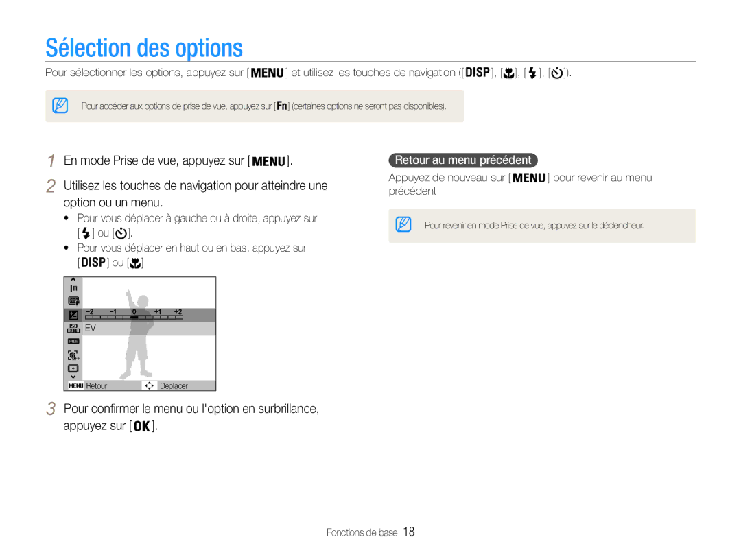 Samsung EC-ES30ZZBABZA manual Sélection des options, Option ou un menu, Pour confirmer le menu ou loption en surbrillance 