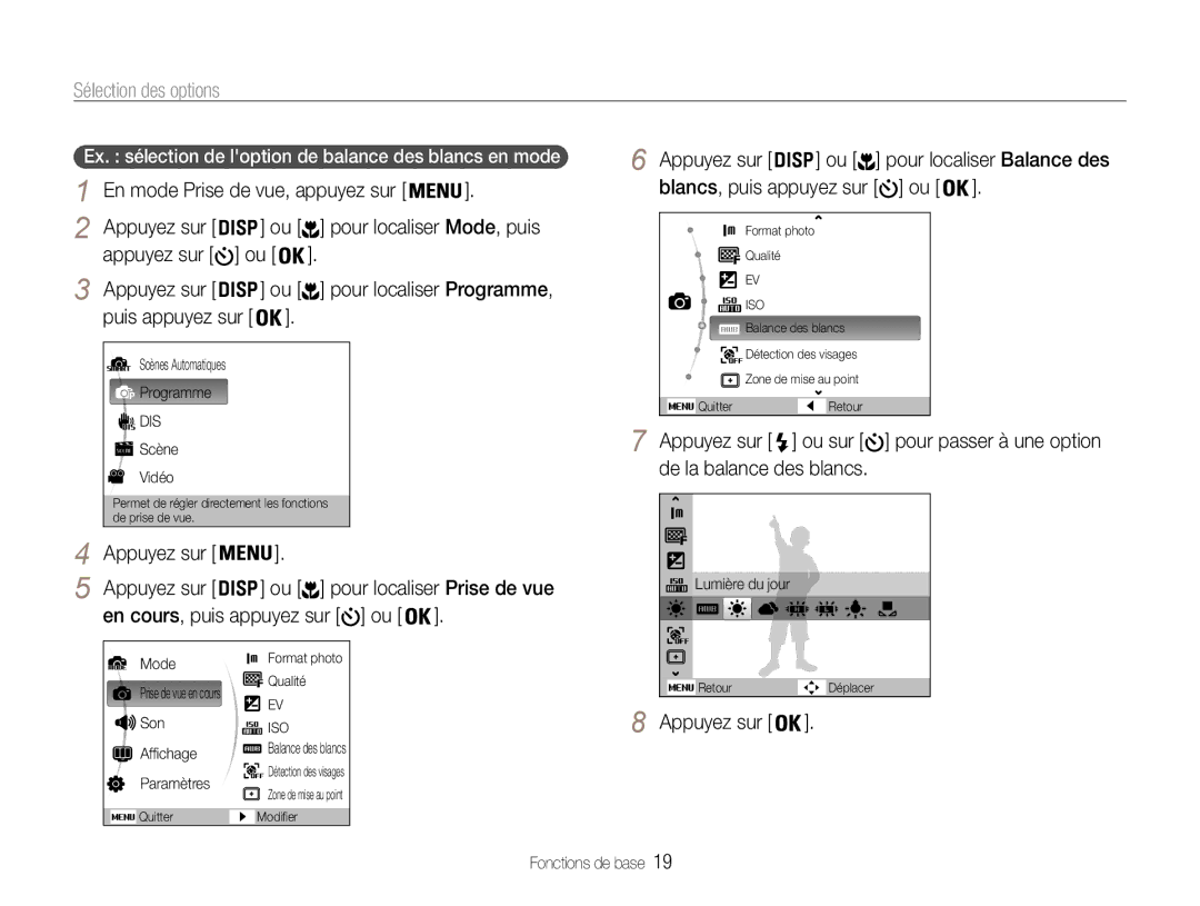 Samsung EC-ES30ZZBABE1 manual Sélection des options, Appuyez sur, Ex. sélection de loption de balance des blancs en mode 