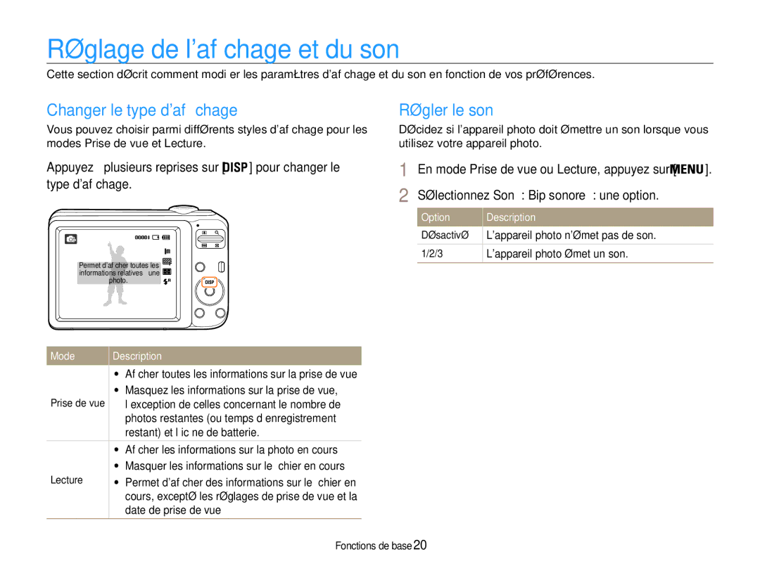 Samsung EC-ES30ZZBASZA Réglage de laffichage et du son, Changer le type daffchage, Régler le son, Mode, Option Description 