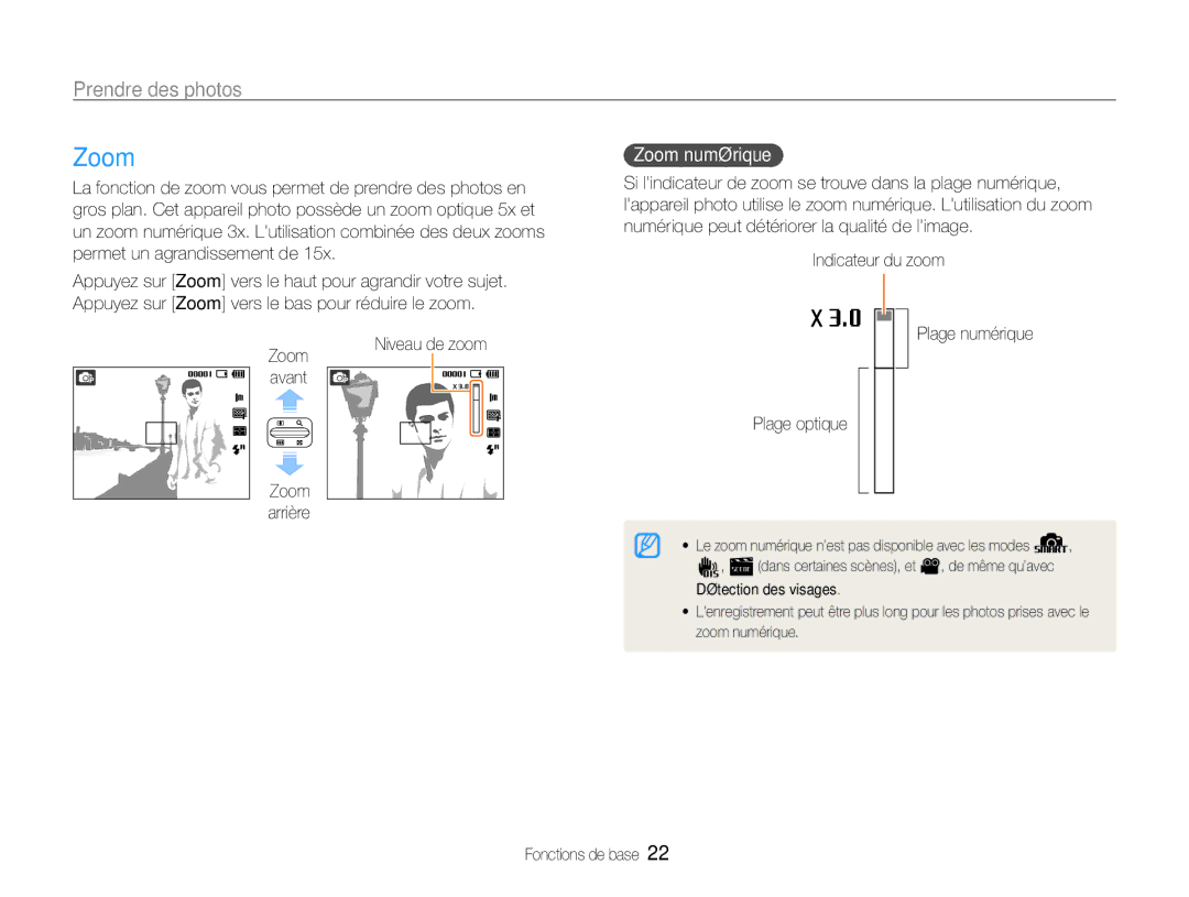 Samsung EC-ES30ZZBABZA, EC-ES30ZZBABE1, EC-ES30ZZBASZA manual Prendre des photos, Zoom numérique, Avant Zoom Arrière 