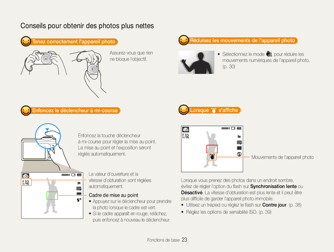 Samsung EC-ES30ZZBABE1 manual Tenez correctement lappareil photo, Enfoncez le déclencheur à mi-course, Lorsque saffiche 