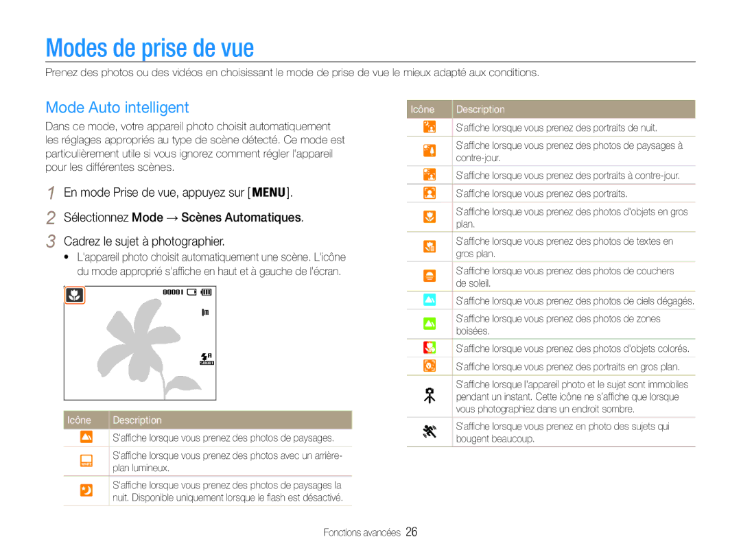 Samsung EC-ES30ZZBABZA, EC-ES30ZZBABE1, EC-ES30ZZBASZA, EC-ES30ZZBAPE1 manual Modes de prise de vue, Mode Auto intelligent 