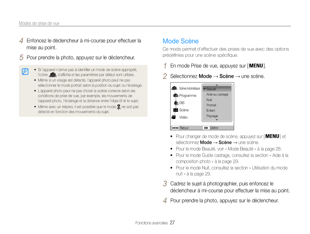 Samsung EC-ES30ZZBABE1, EC-ES30ZZBASZA, EC-ES30ZZBAPE1, EC-ES30ZZBABZA manual Mode Scène, Modes de prise de vue 