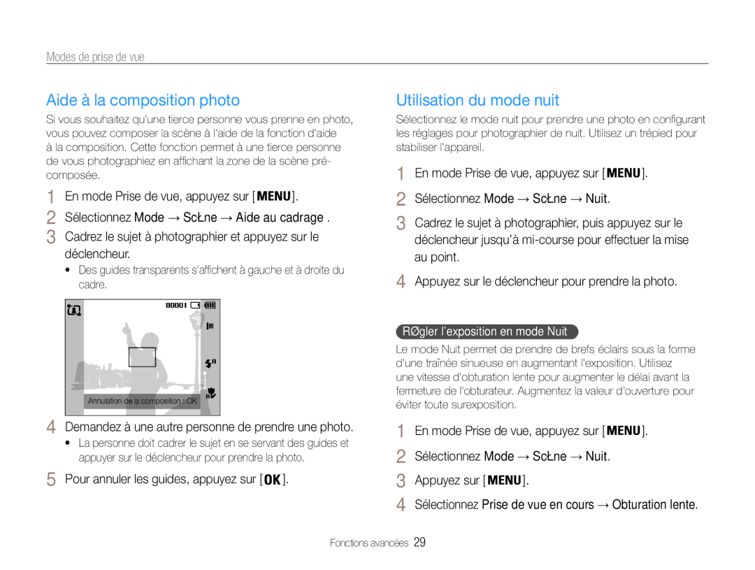 Samsung EC-ES30ZZBAPE1, EC-ES30ZZBABE1, EC-ES30ZZBASZA Aide à la composition photo, Utilisation du mode nuit, Déclencheur 