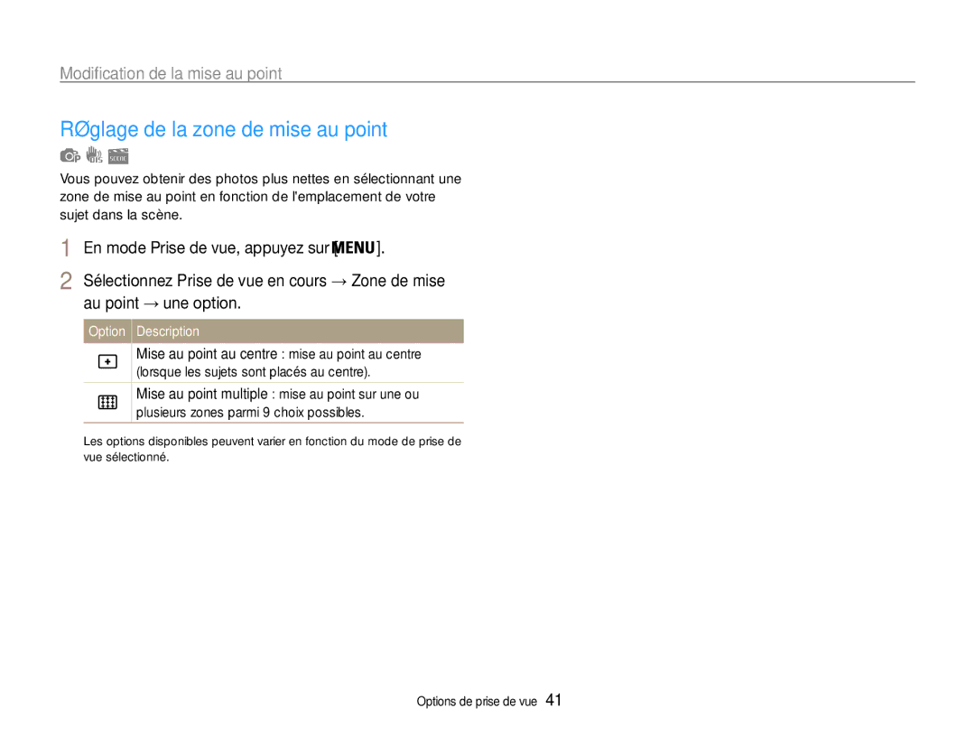 Samsung EC-ES30ZZBAPE1 manual Réglage de la zone de mise au point, Modification de la mise au point, Au point → une option 