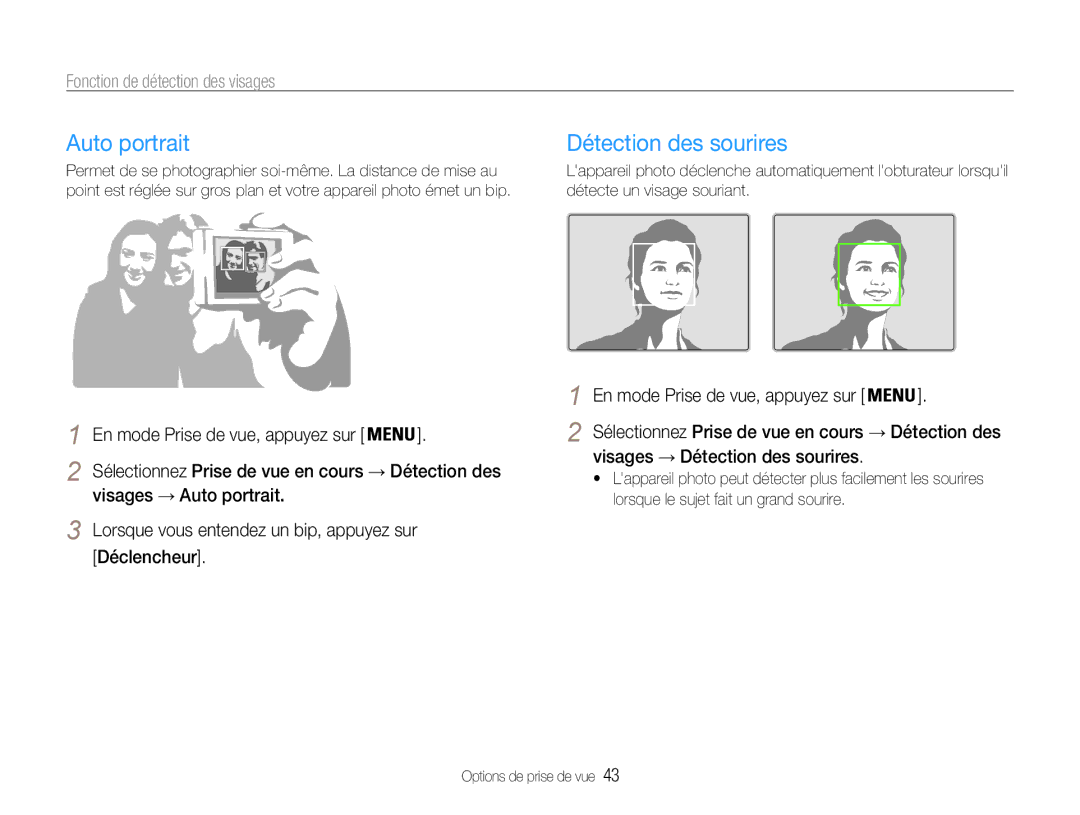 Samsung EC-ES30ZZBABE1 manual Détection des sourires, Fonction de détection des visages, Visages → Auto portrait 