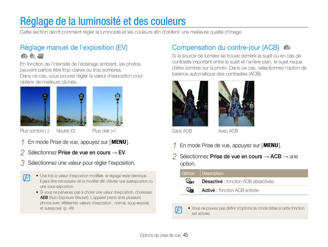 Samsung EC-ES30ZZBAPE1, EC-ES30ZZBABE1 manual Réglage de la luminosité et des couleurs, Réglage manuel de lexposition EV 