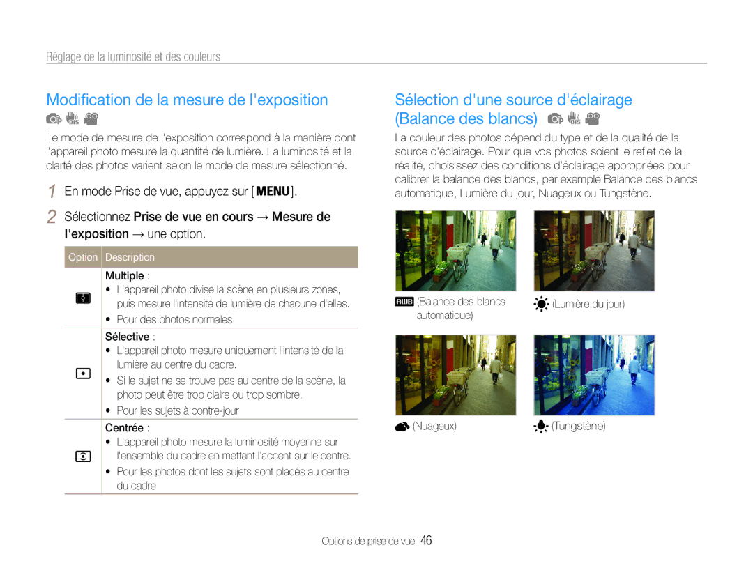 Samsung EC-ES30ZZBABZA manual Modification de la mesure de lexposition, Sélection dune source déclairage Balance des blancs 