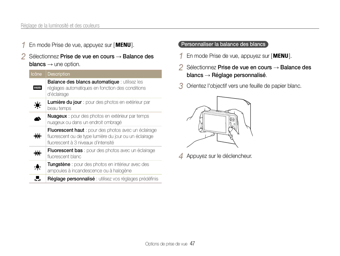 Samsung EC-ES30ZZBABE1 manual Blancs → une option, Blancs → Réglage personnalisé, Personnaliser la balance des blancs 