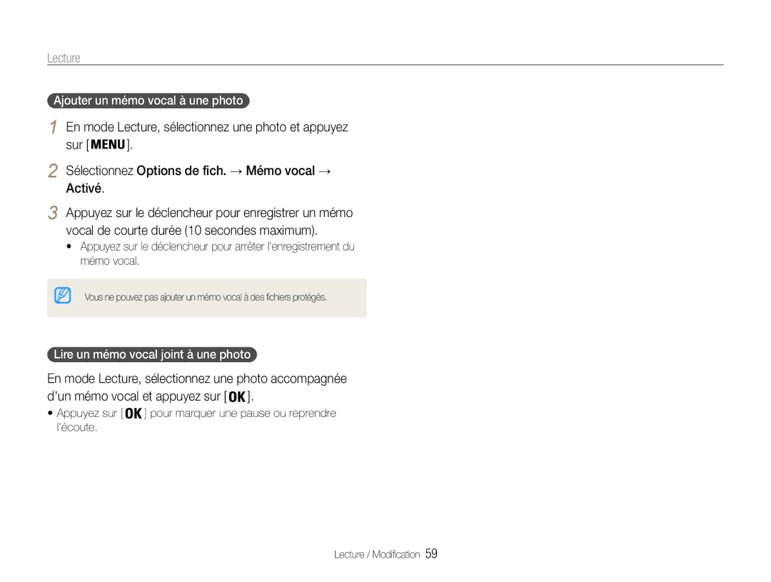 Samsung EC-ES30ZZBABE1 manual En mode Lecture, sélectionnez une photo accompagnée, Ajouter un mémo vocal à une photo 