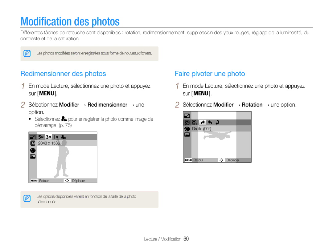 Samsung EC-ES30ZZBASZA, EC-ES30ZZBABE1 manual Modification des photos, Redimensionner des photos, Faire pivoter une photo 