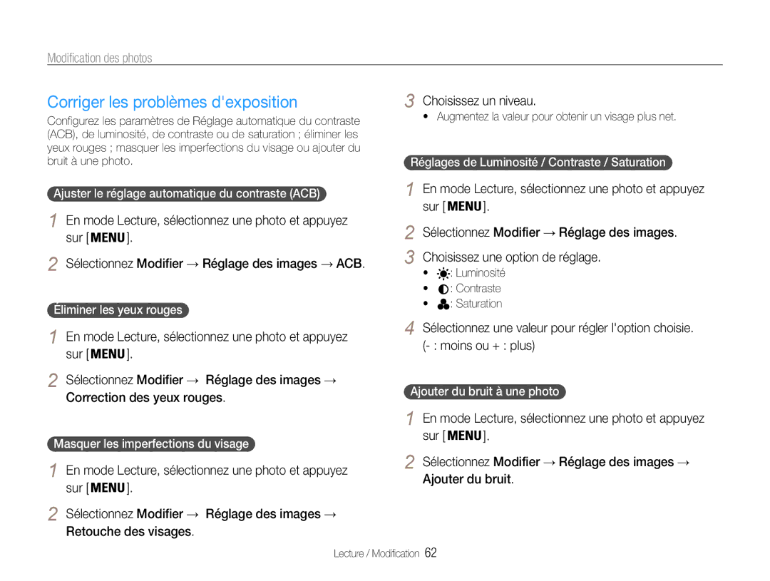 Samsung EC-ES30ZZBABZA manual Corriger les problèmes dexposition, Correction des yeux rouges, Retouche des visages 