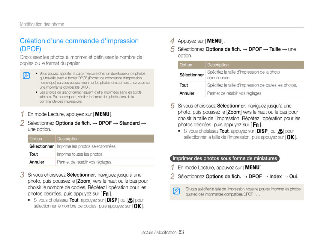 Samsung EC-ES30ZZBABE1 manual Création dune commande dimpression Dpof, Imprimer des photos sous forme de miniatures 