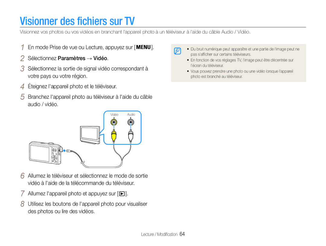 Samsung EC-ES30ZZBASZA, EC-ES30ZZBABE1 manual Visionner des fichiers sur TV, Allumez lappareil photo et appuyez sur 