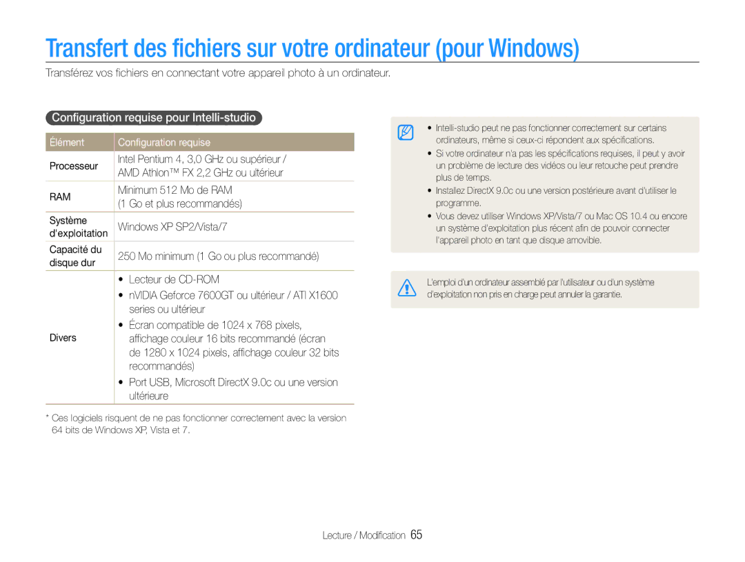 Samsung EC-ES30ZZBAPE1 Transfert des fichiers sur votre ordinateur pour Windows, Configuration requise pour Intelli-studio 