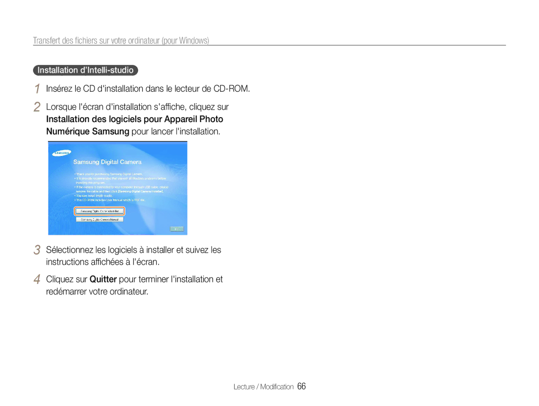 Samsung EC-ES30ZZBABZA manual Transfert des fichiers sur votre ordinateur pour Windows, Installation d’Intelli-studio 