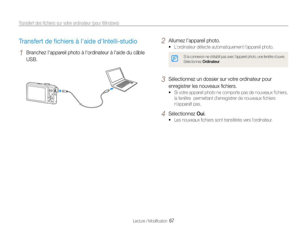 Samsung EC-ES30ZZBABE1 Transfert de fichiers à laide dIntelli-studio, Lordinateur détecte automatiquement lappareil photo 