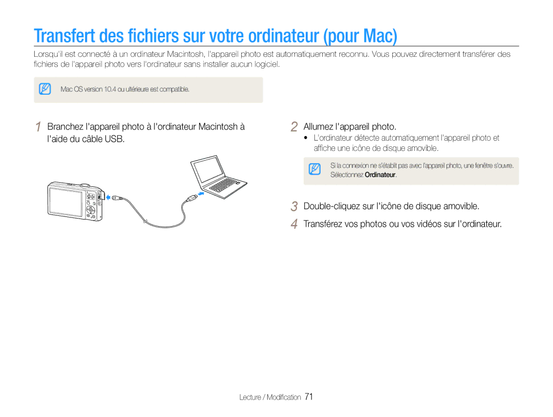 Samsung EC-ES30ZZBABE1, EC-ES30ZZBASZA, EC-ES30ZZBAPE1, EC-ES30ZZBABZA Transfert des fichiers sur votre ordinateur pour Mac 