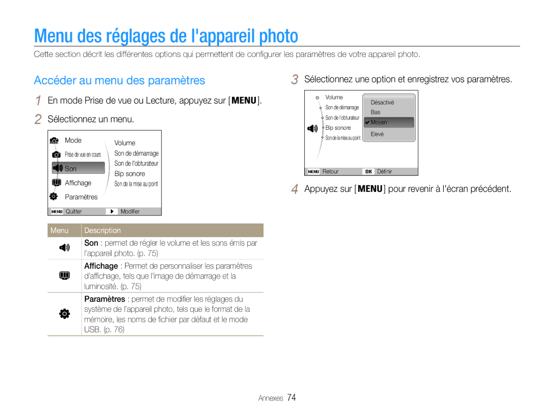 Samsung EC-ES30ZZBABZA manual Menu des réglages de lappareil photo, Accéder au menu des paramètres, Menu Description 