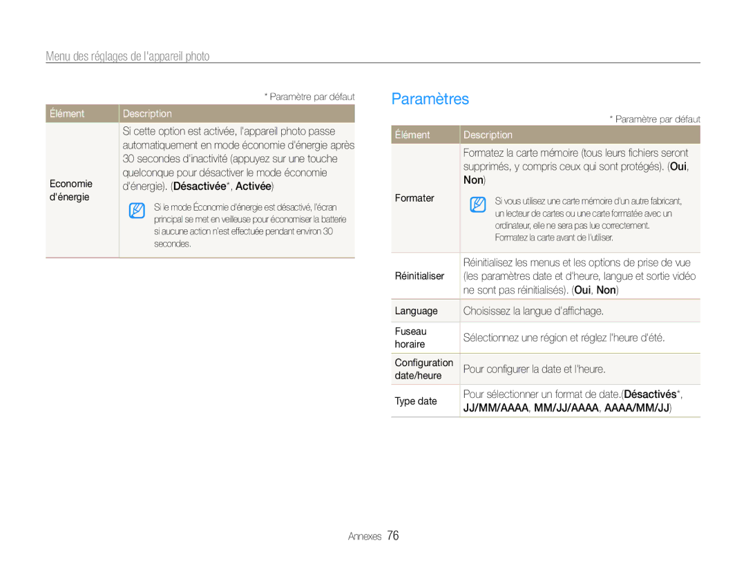 Samsung EC-ES30ZZBASZA, EC-ES30ZZBABE1, EC-ES30ZZBAPE1, EC-ES30ZZBABZA manual Paramètres, Élément 