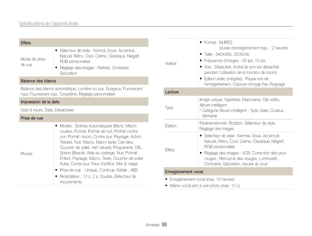 Samsung EC-ES30ZZBASZA, EC-ES30ZZBABE1, EC-ES30ZZBAPE1, EC-ES30ZZBABZA manual Spécifications de l’appareil phot 