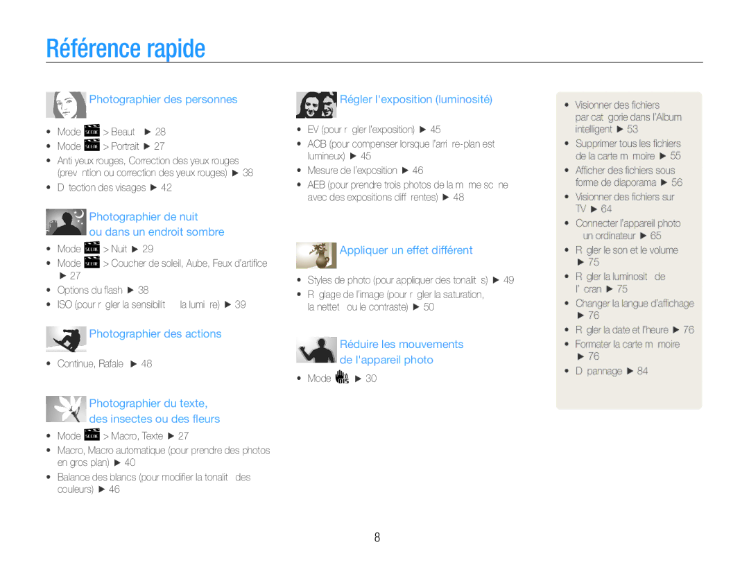 Samsung EC-ES30ZZBASZA, EC-ES30ZZBABE1, EC-ES30ZZBAPE1, EC-ES30ZZBABZA manual Référence rapide, Photographier des personnes 