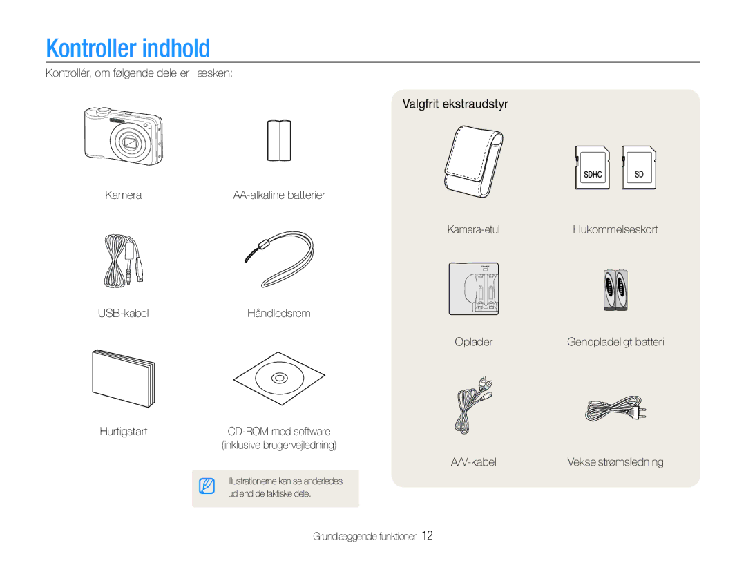 Samsung EC-ES30ZZBASE2, EC-ES30ZZBABE3, EC-ES30ZZBABE2, EC-ES30ZZBAPE2 manual Kontroller indhold, Valgfrit ekstraudstyr 