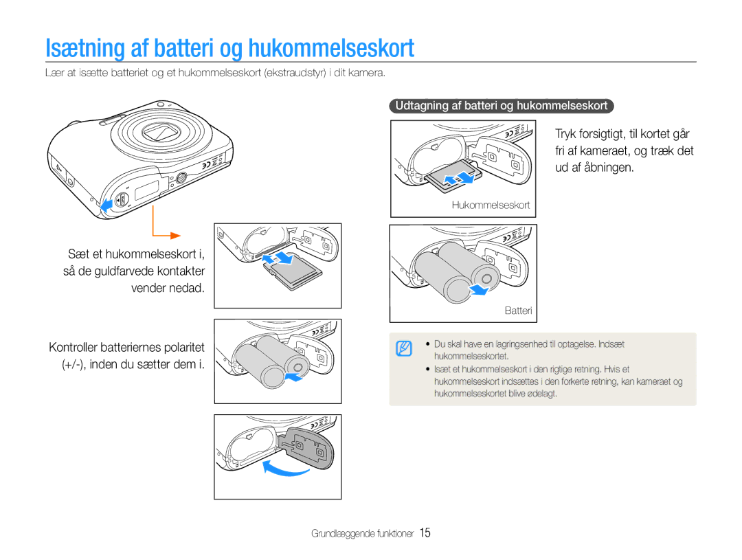 Samsung EC-ES30ZZBABE3, EC-ES30ZZBASE2 Isætning af batteri og hukommelseskort, Udtagning af batteri og hukommelseskort 