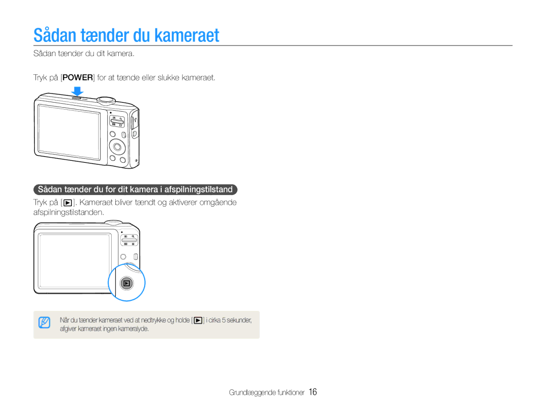 Samsung EC-ES30ZZBASE2, EC-ES30ZZBABE3 manual Sådan tænder du kameraet, Sådan tænder du for dit kamera i afspilningstilstand 