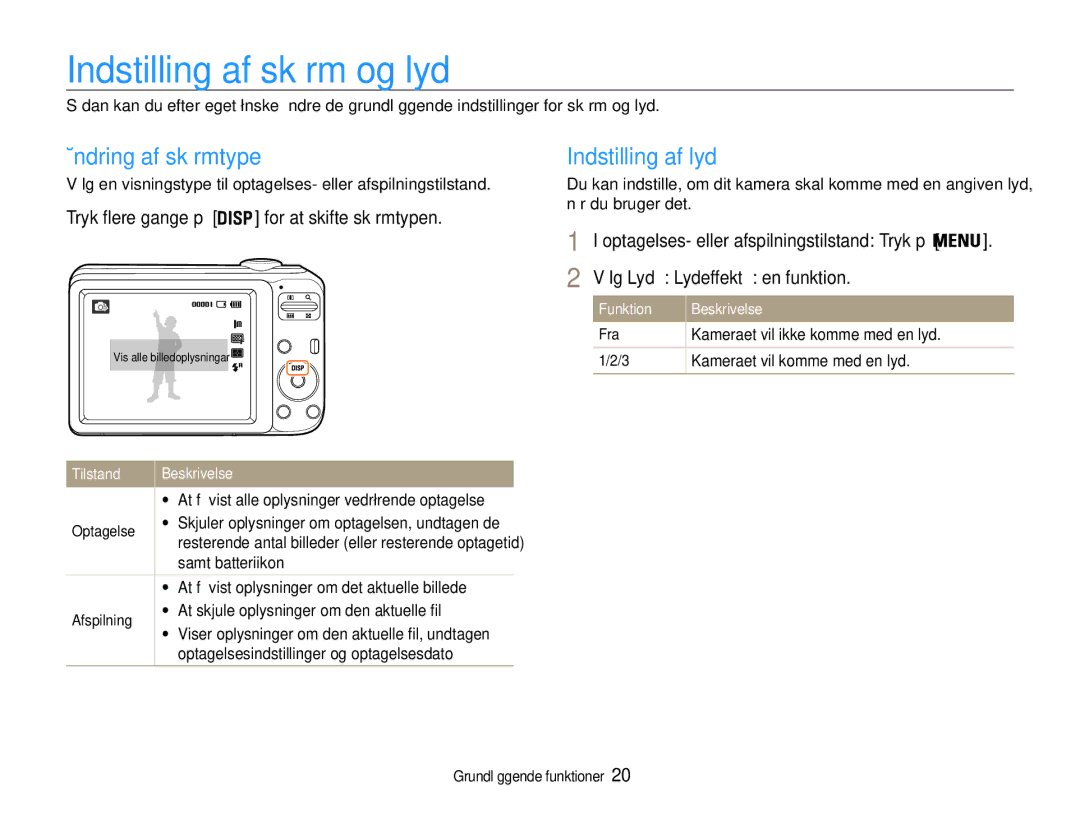 Samsung EC-ES30ZZBASE2, EC-ES30ZZBABE3 manual Indstilling af skærm og lyd, Ændring af skærmtype, Indstilling af lyd 