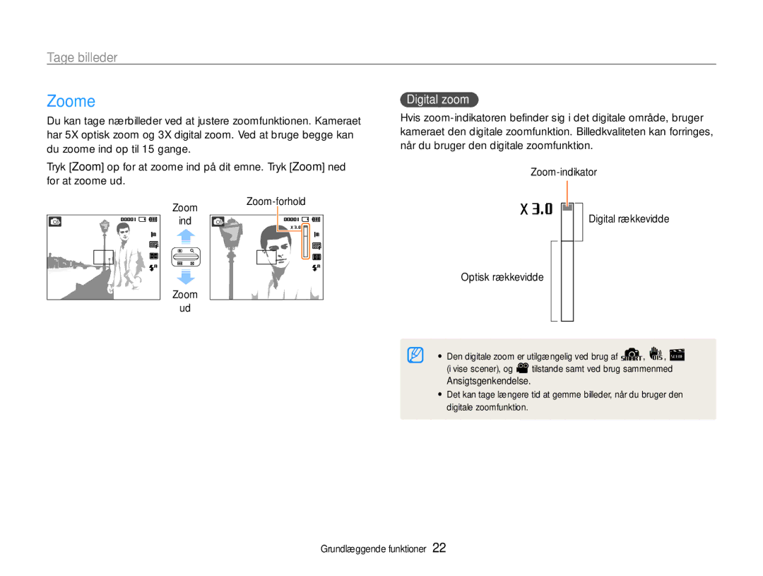 Samsung EC-ES30ZZBAPE2, EC-ES30ZZBABE3, EC-ES30ZZBASE2, EC-ES30ZZBABE2 manual Zoome, Tage billeder, Digital zoom 