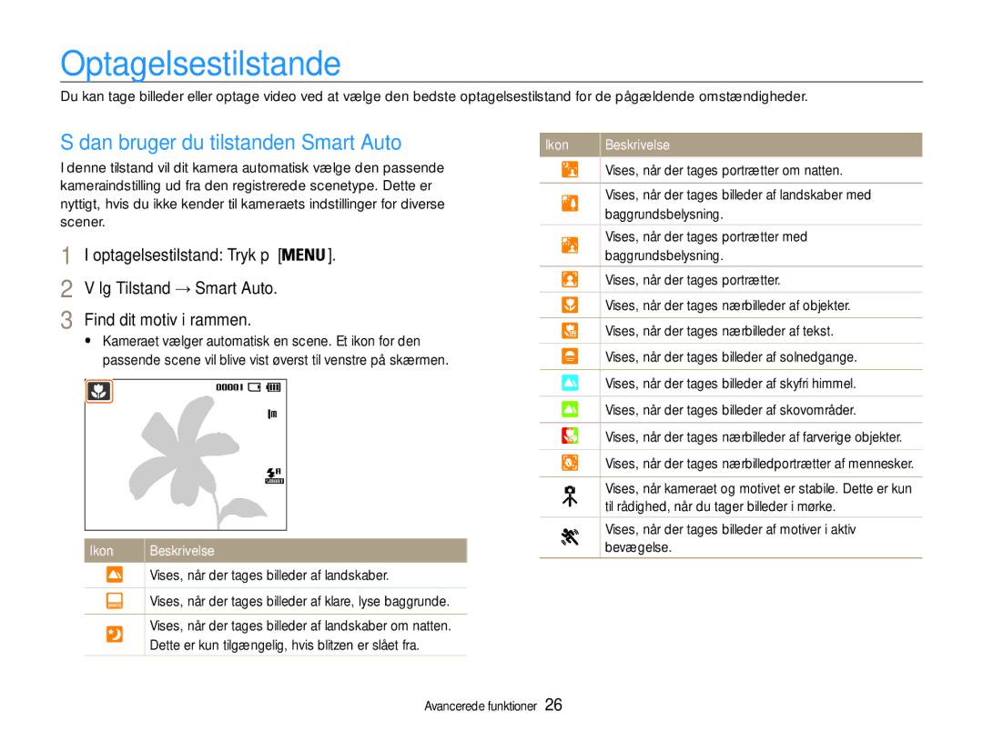 Samsung EC-ES30ZZBAPE2, EC-ES30ZZBABE3, EC-ES30ZZBASE2 manual Optagelsestilstande, Sådan bruger du tilstanden Smart Auto 