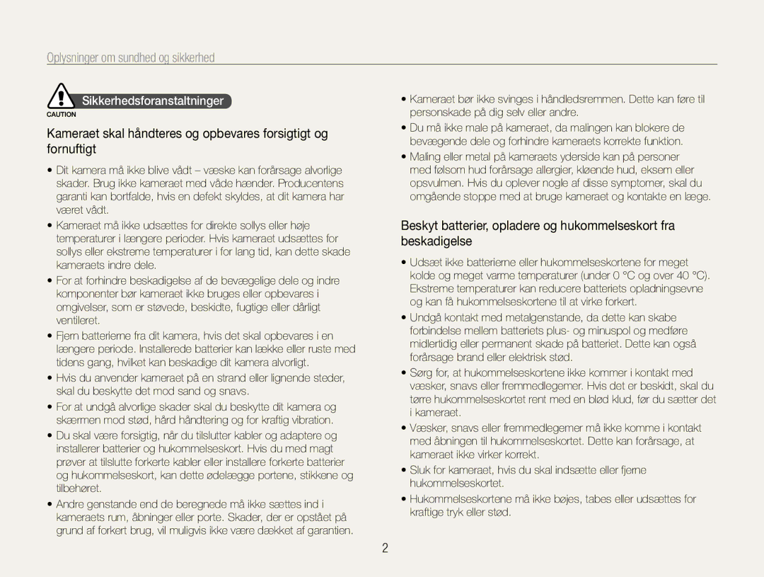 Samsung EC-ES30ZZBAPE2, EC-ES30ZZBABE3, EC-ES30ZZBASE2 manual Oplysninger om sundhed og sikkerhed, Sikkerhedsforanstaltninger 