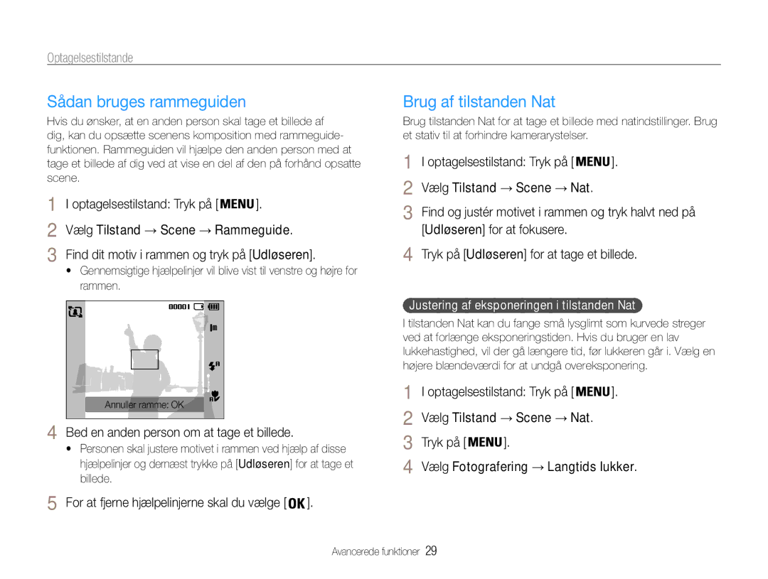 Samsung EC-ES30ZZBABE2 manual Sådan bruges rammeguiden, Brug af tilstanden Nat, Bed en anden person om at tage et billede 