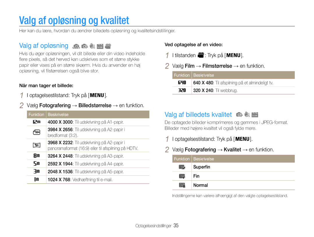 Samsung EC-ES30ZZBABE3, EC-ES30ZZBASE2 manual Valg af opløsning og kvalitet, Valg af billedets kvalitet, Tilstanden Tryk på 