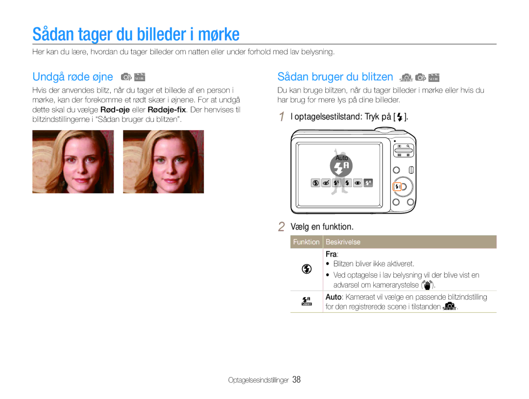 Samsung EC-ES30ZZBAPE2, EC-ES30ZZBABE3 manual Sådan tager du billeder i mørke, Undgå røde øjne, Sådan bruger du blitzen 