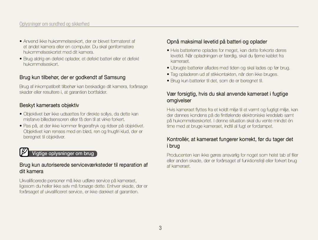 Samsung EC-ES30ZZBABE3, EC-ES30ZZBASE2 manual Brug kun tilbehør, der er godkendt af Samsung, Beskyt kameraets objektiv 