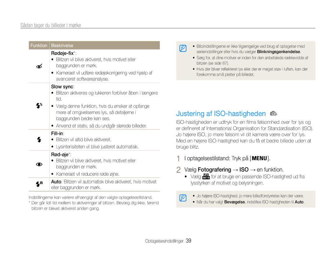 Samsung EC-ES30ZZBABE3, EC-ES30ZZBASE2, EC-ES30ZZBABE2 manual Justering af ISO-hastigheden, Sådan tager du billeder i mørke 
