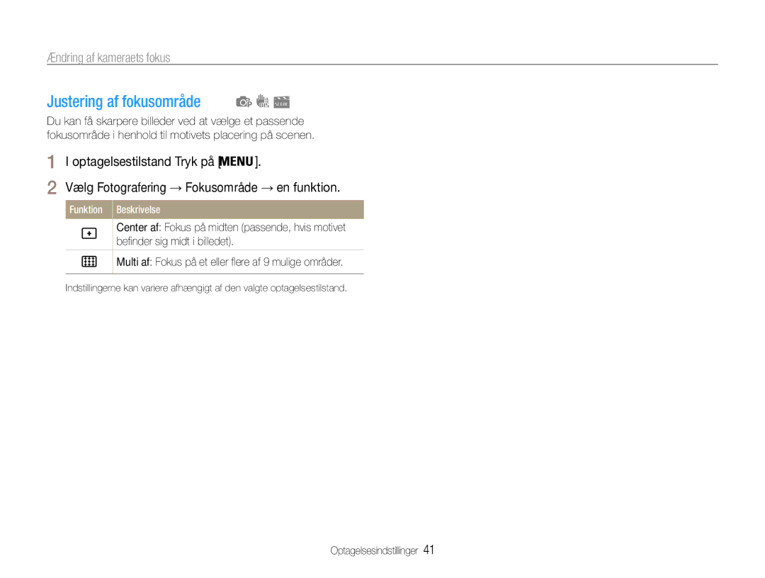 Samsung EC-ES30ZZBABE2, EC-ES30ZZBABE3, EC-ES30ZZBASE2, EC-ES30ZZBAPE2 Justering af fokusområde, Ændring af kameraets fokus 