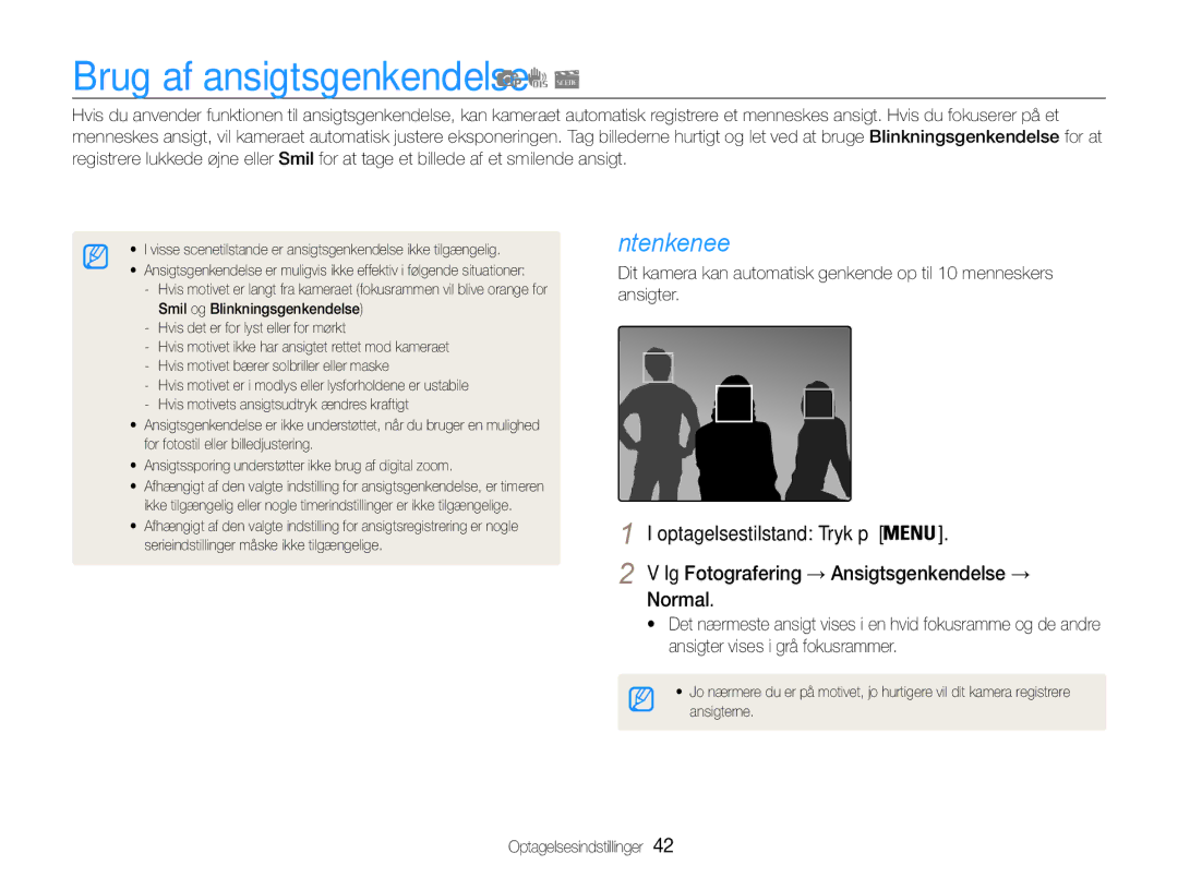 Samsung EC-ES30ZZBAPE2, EC-ES30ZZBABE3 Brug af ansigtsgenkendelse, Normal, Vælg Fotografering → Ansigtsgenkendelse → 