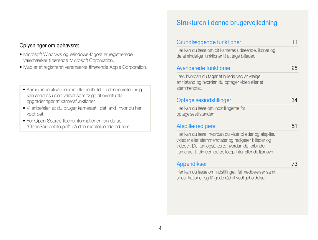 Samsung EC-ES30ZZBASE2, EC-ES30ZZBABE3, EC-ES30ZZBABE2 manual Strukturen i denne brugervejledning, Oplysninger om ophavsret 