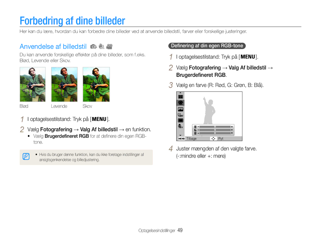 Samsung EC-ES30ZZBABE2 manual Forbedring af dine billeder, Anvendelse af billedstil, Vælg en farve R Rød, G Grøn, B Blå 